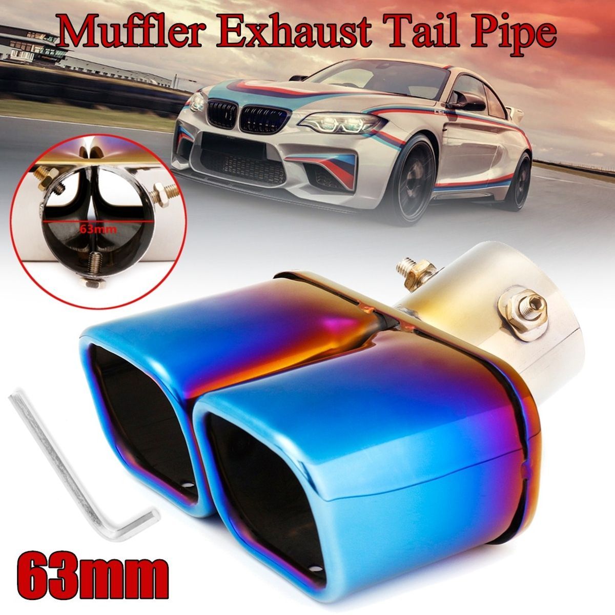 Universal-Half-Grilled-Blue-Double-Outlet-Exhaust-Muffler-Tip-End-Tail-Pipe-1324765