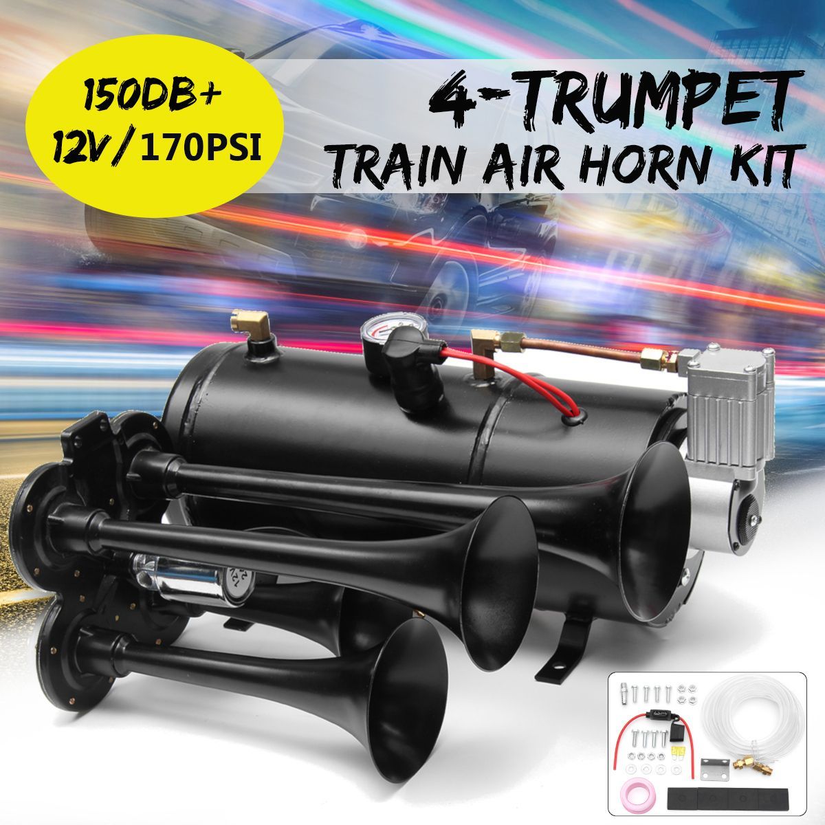 2-Trumpet-Train-Air-Horn-12V-Compressor-Tubing-150-dB-170-PSI-Kit-3L-for-Car-Truck-Campers-1402095