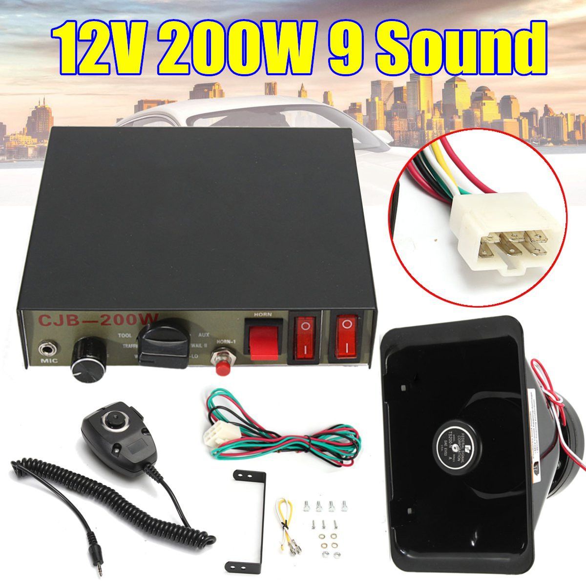 200W-12V-9-Sound-Loud-Car-Warning-Alarm-Police-Siren-Horn-PA-Speaker-MIC-System-1362561