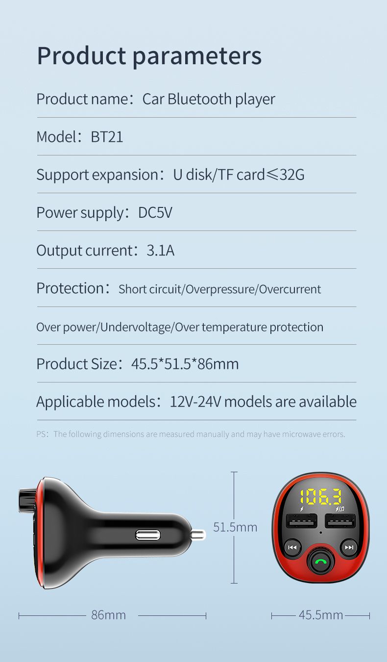 BT21-bluetooth-50-Chip-Car-Charger-Auto-MP3-Player-Hands-free-One-touch-Call-DC5V-Dual-USB-31A-U-Dis-1593242