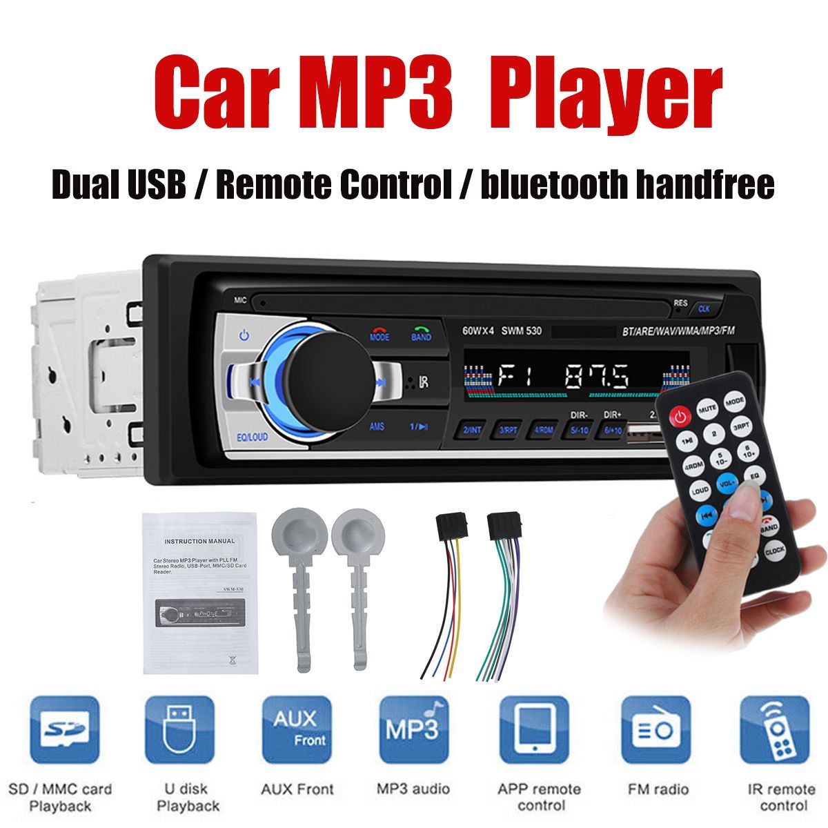 SWM-530-Car-Radio-Stereo-MP3-Player-bluetooth-Hands-free-Dual-USB-AUX-TF-SD-FM-RCA-1622057