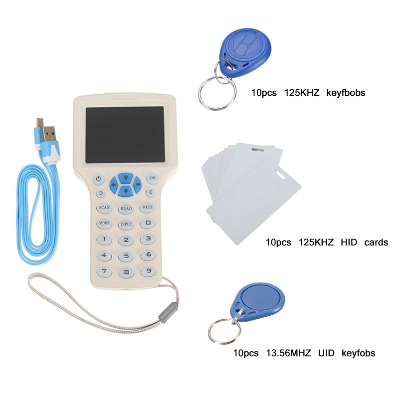 10-Frequency-RFID-Copier-ID-IC-Reader-Writer-Copy-with-30pcs-1356MHz-125KHz-Key-Fob-HID-UID-Card-1065071