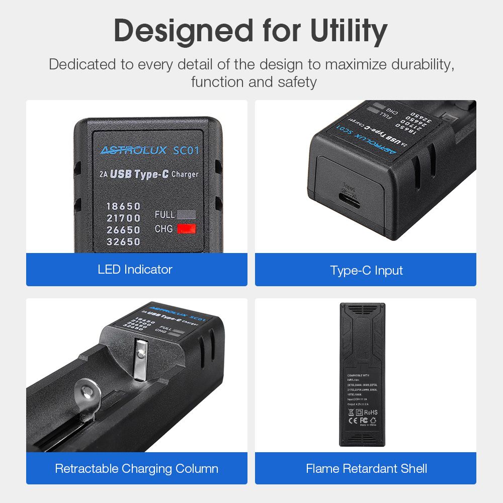 Astroluxreg-SC01-Type-C-2A-Quick-Charge-USB-Battery-Charger-Li-ionIMRINRICR-Charger-For-18650-20700--1754325