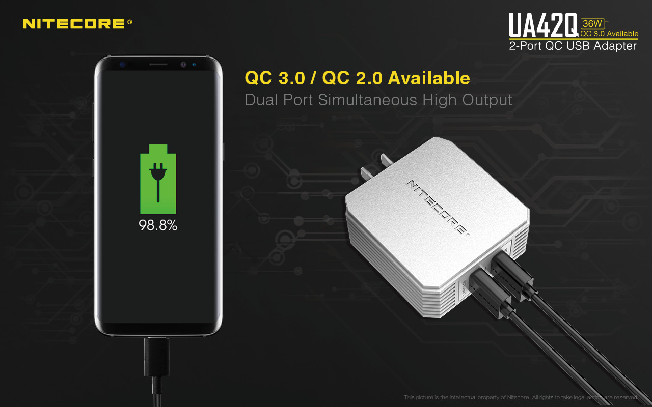 NITECORE-UA42Q-2-Port-Quick-Charge-USB-20--30-Power-Adapter-US-Plug-AC-Powercable-Charger-1568771