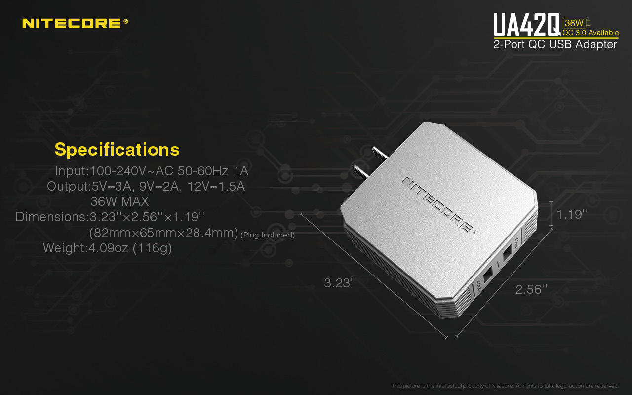 NITECORE-UA42Q-2-Port-Quick-Charge-USB-20--30-Power-Adapter-US-Plug-AC-Powercable-Charger-1568771