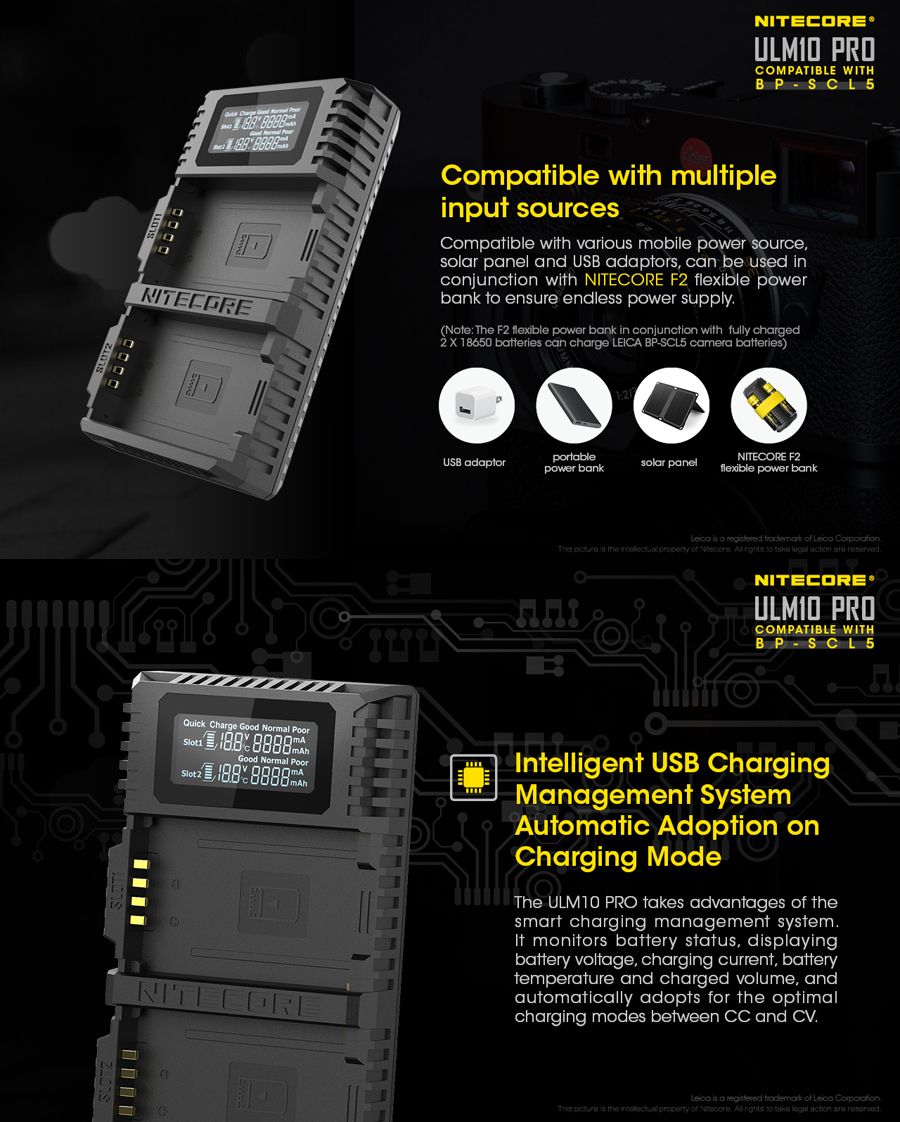 NITECORE-ULM10-PRO-Dual-Slots-Port-USB-Digital-Battery-Charger-For-Leica-Camera-Battery-BP-SCL5-1373617