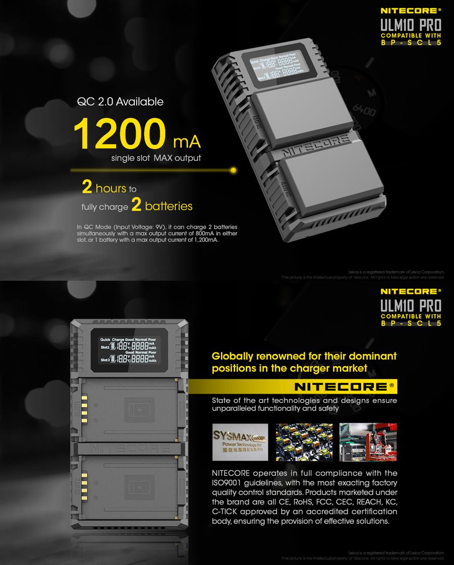 NITECORE-ULM10-PRO-Dual-Slots-Port-USB-Digital-Battery-Charger-For-Leica-Camera-Battery-BP-SCL5-1373617