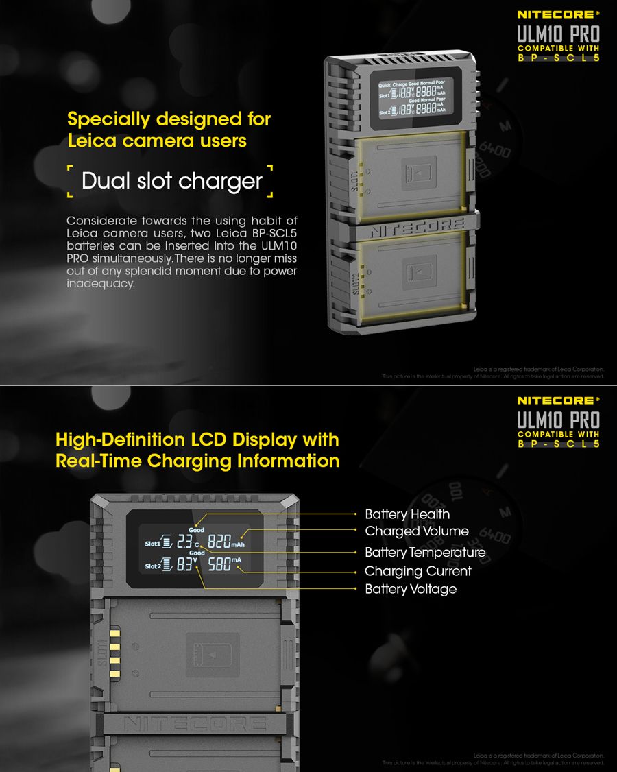 NITECORE-ULM10-PRO-Dual-Slots-Port-USB-Digital-Battery-Charger-For-Leica-Camera-Battery-BP-SCL5-1373617