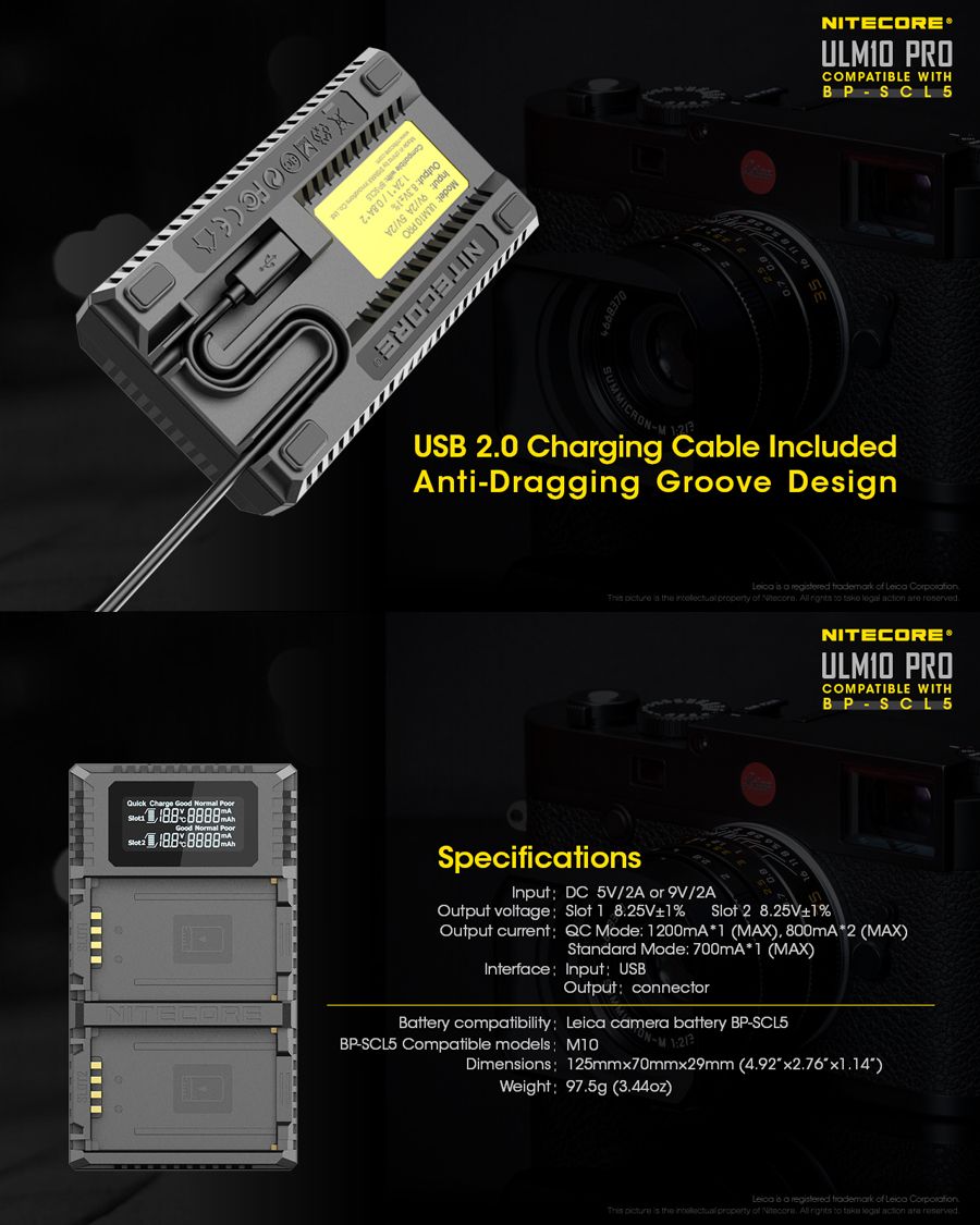 NITECORE-ULM10-PRO-Dual-Slots-Port-USB-Digital-Battery-Charger-For-Leica-Camera-Battery-BP-SCL5-1373617