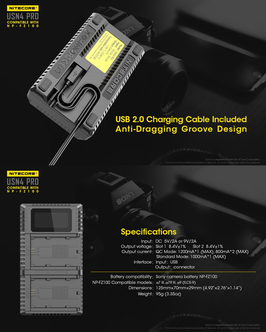 NITECORE-USN4-PRO-Dual-Slots-Port-USB-Digital-Battery-Charger-for-Sony-Camera-Battery-NP-FZ100-1373623