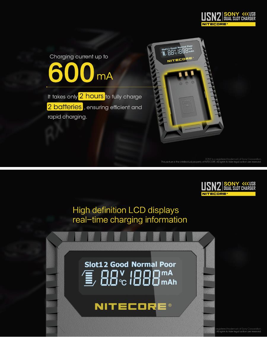 Nitecore-USN2-Dual-Slot-Digital--Travel-USB-Charger-for-SONY-NP-BX1-Camera-Battery-1288399