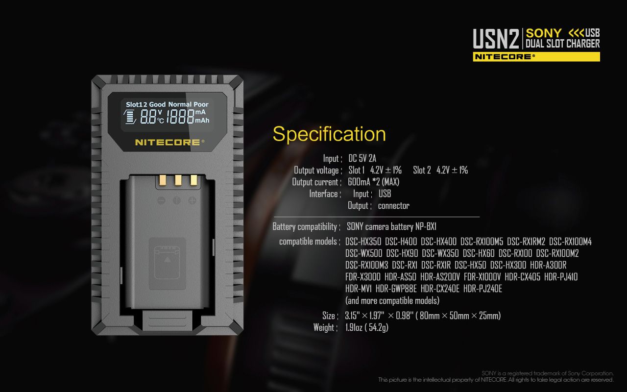 Nitecore-USN2-Dual-Slot-Digital--Travel-USB-Charger-for-SONY-NP-BX1-Camera-Battery-1288399