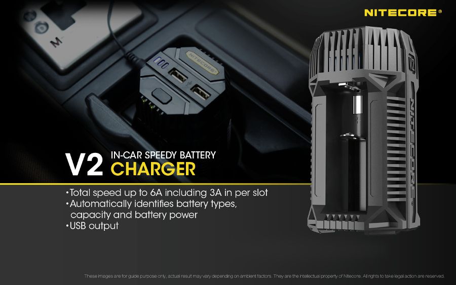 Nitecore-V2-6A-USB-Output-In-Car-Speedy-Smart-Battery-Charger-with-12V-Adapter-2Slots-18650-26650-AA-1270601