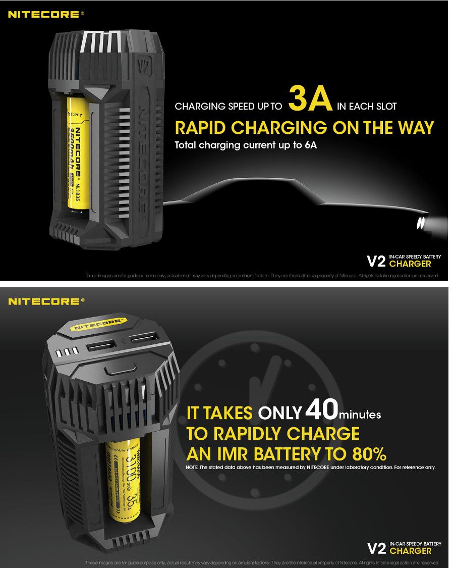 Nitecore-V2-6A-USB-Output-In-Car-Speedy-Smart-Battery-Charger-with-12V-Adapter-2Slots-18650-26650-AA-1270601