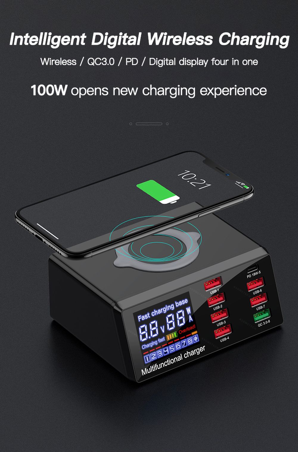 Bakeey-100W-8-Port-USB-PD-Charger-PD30-QC30-Desktop-Charging-Station-Smart-Charger-10W-Wireless-Char-1716456