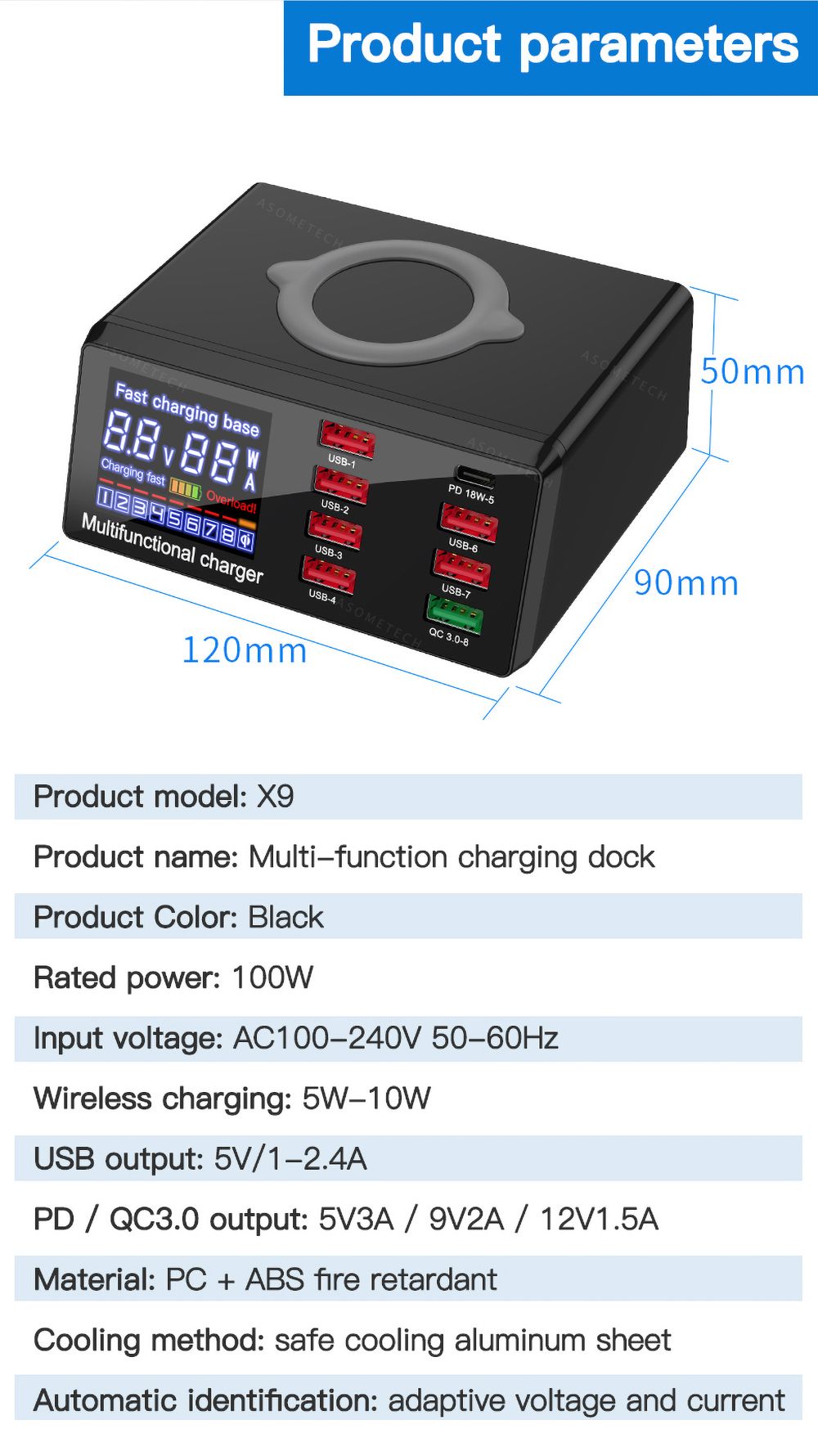 Bakeey-100W-8-Port-USB-PD-Charger-PD30-QC30-Desktop-Charging-Station-Smart-Charger-10W-Wireless-Char-1716456