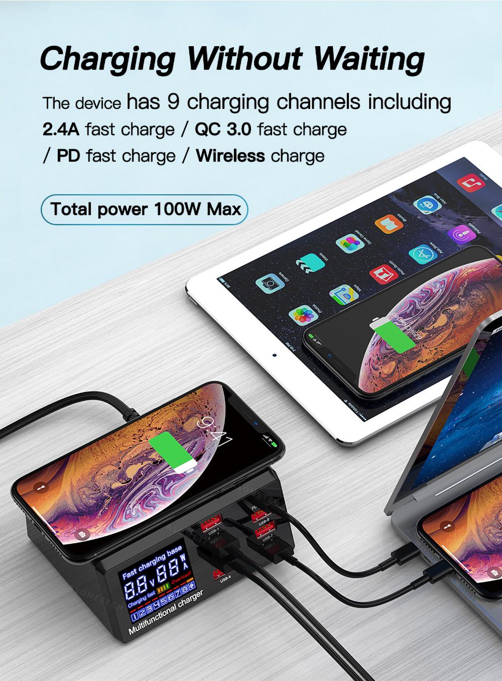 Bakeey-100W-8-Port-USB-PD-Charger-PD30-QC30-Desktop-Charging-Station-Smart-Charger-10W-Wireless-Char-1716456