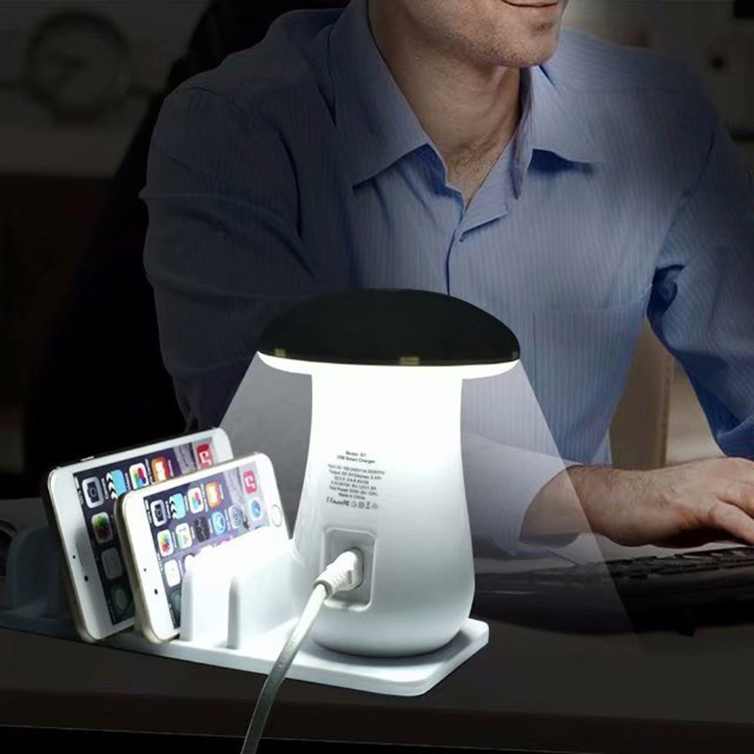 Bakeey-QC30-Multiport-Fast-Charging-USB-Charger-Mushroom-LED-Desk-Lamp-Charging-Stand-For-iPhone-XS--1568896