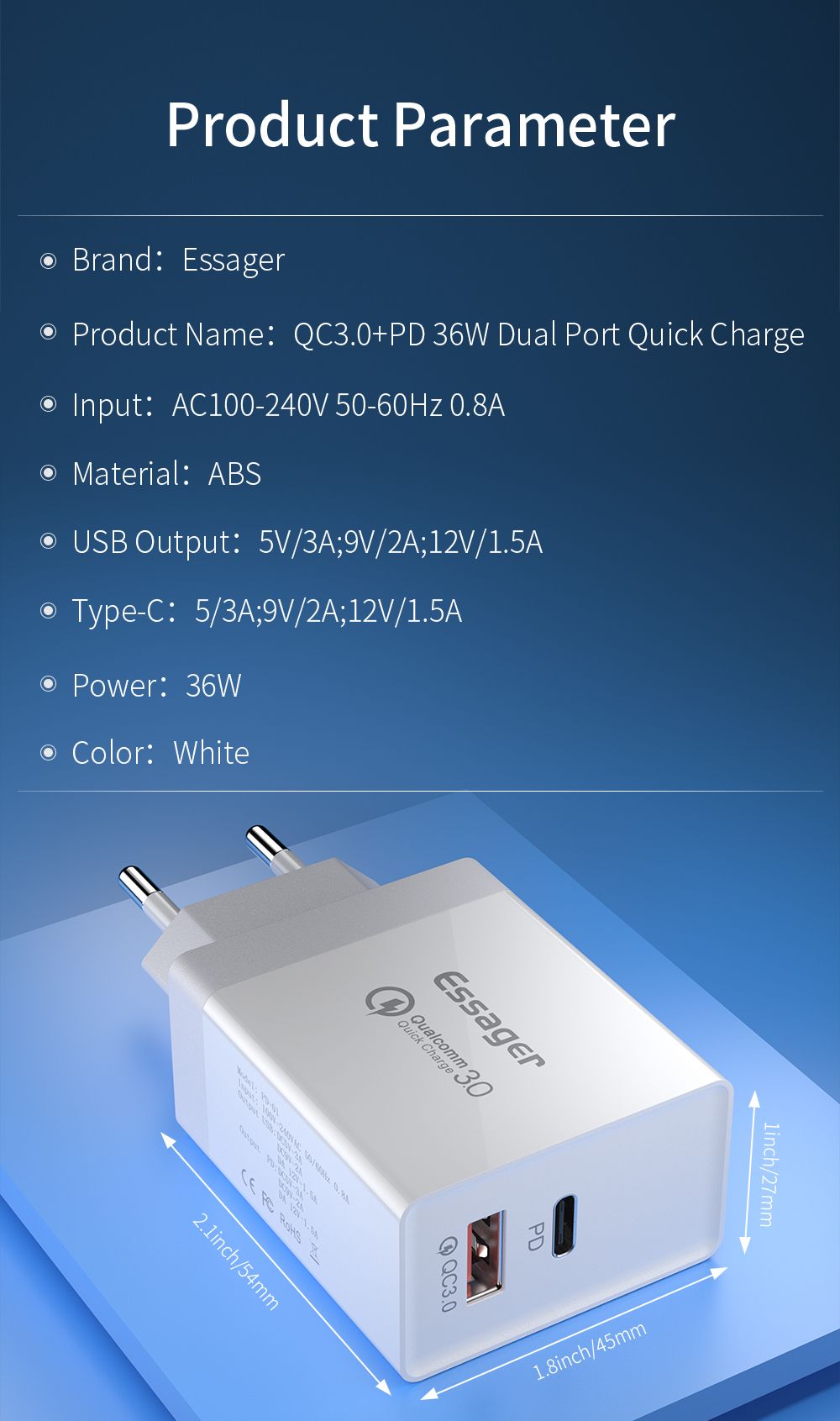 Essager-36W-Type-C-PD-Fast-Charging-Port--USB-QC30-Quick-Charging-Dual-Port-Charger-EU-Plug-Adapter--1500242