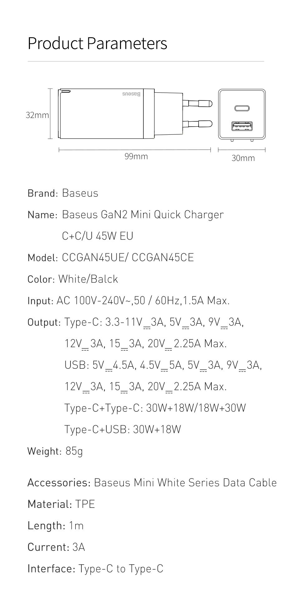 GaN-Tech-Baseus-45W-USB-C-Wall-Charger-2-Port-PD30-QC30-AFC-SCP-Quick-Charge-Adapter-With-EU-Plug--6-1706322