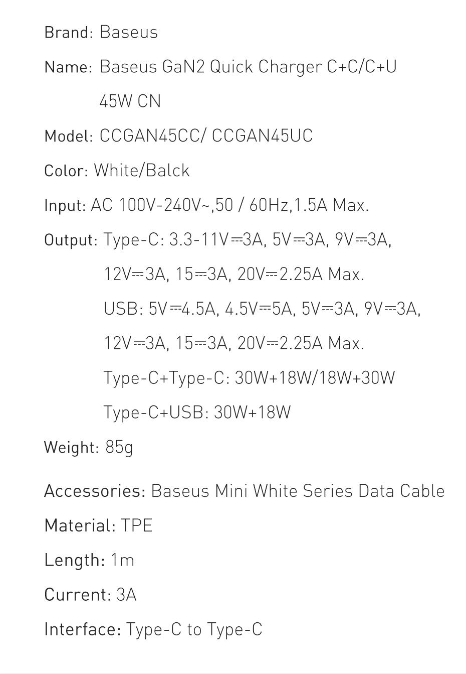 GaN-Tech-Baseus-45W-USB-C-Wall-Charger-2-Port-PD30-QC30-AFC-SCP-Quick-Charge-Adapter-With-Foldable-U-1699546