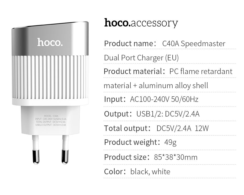 HOCO-24A-Digital-Display-2-Port-EU-USB-Charger-For-iPhone-X-Pocophone-f1-Oneplus-6T-S9-Xiaomi-mi8-1414768