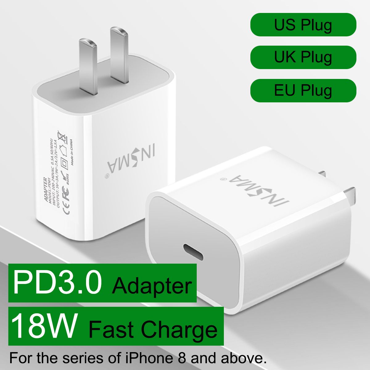 INSMA-18W-Fast-Charger-PD30-USB-Charger-Type-C-Adapter-For-iPhone-8-X-XS-11-Pro-1606517