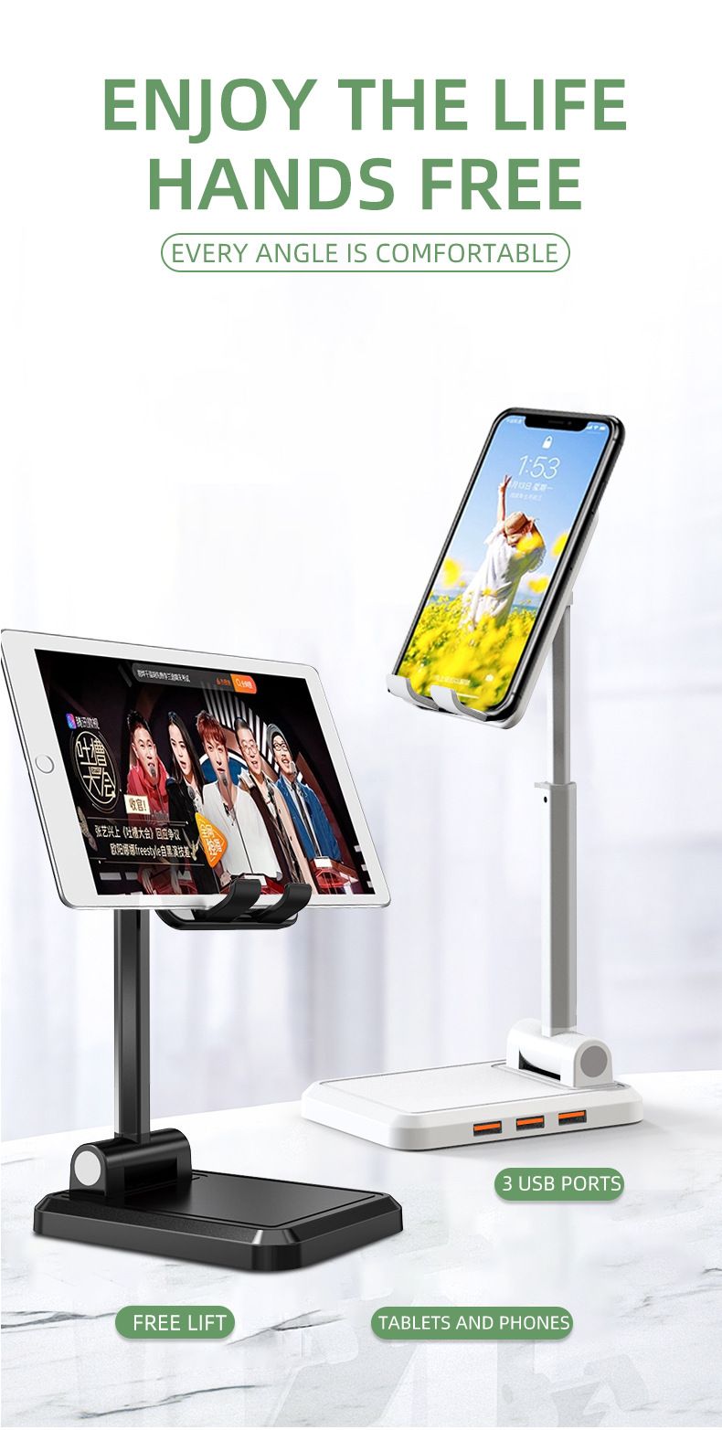 IPAKY-Desktop-3-Port-USB-Charger-Foldable-Height-Adjustable-Phone-Holder-Tablet-Stand-For-40-129-Inc-1719831