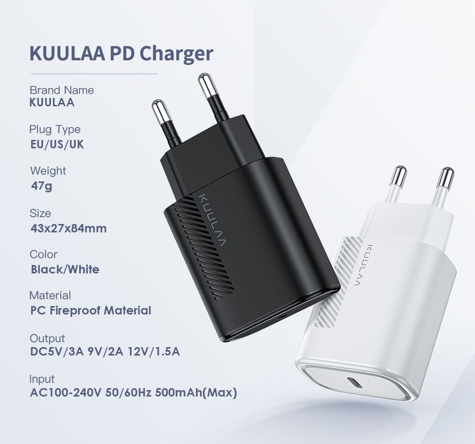 KUULAA-18W-3A-PD30-QC30-Mini-Smart-Universal-Wall-USB-Charger-Travel-Charger-EUUKUS-Plug-for-iPhone--1649155