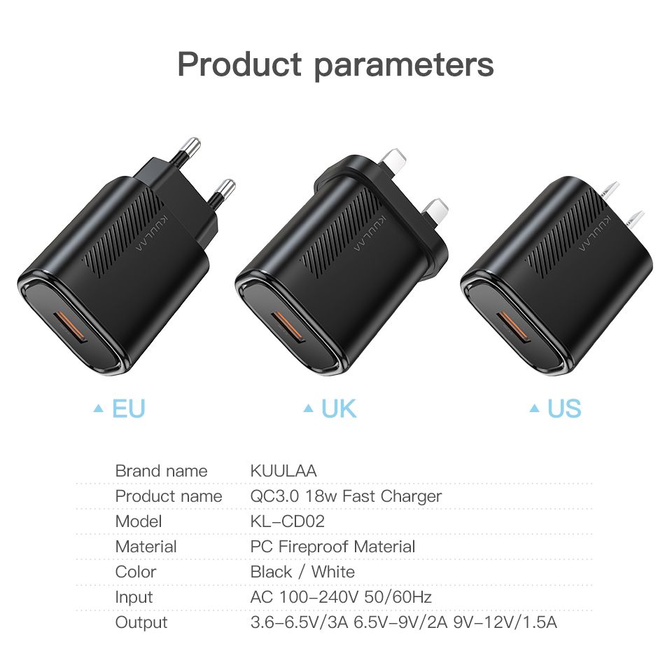 KUULAA-18W-3A-PD30-QC30-Mini-Smart-Universal-Wall-USB-Charger-Travel-Charger-EUUKUS-Plug-for-iPhone--1649155