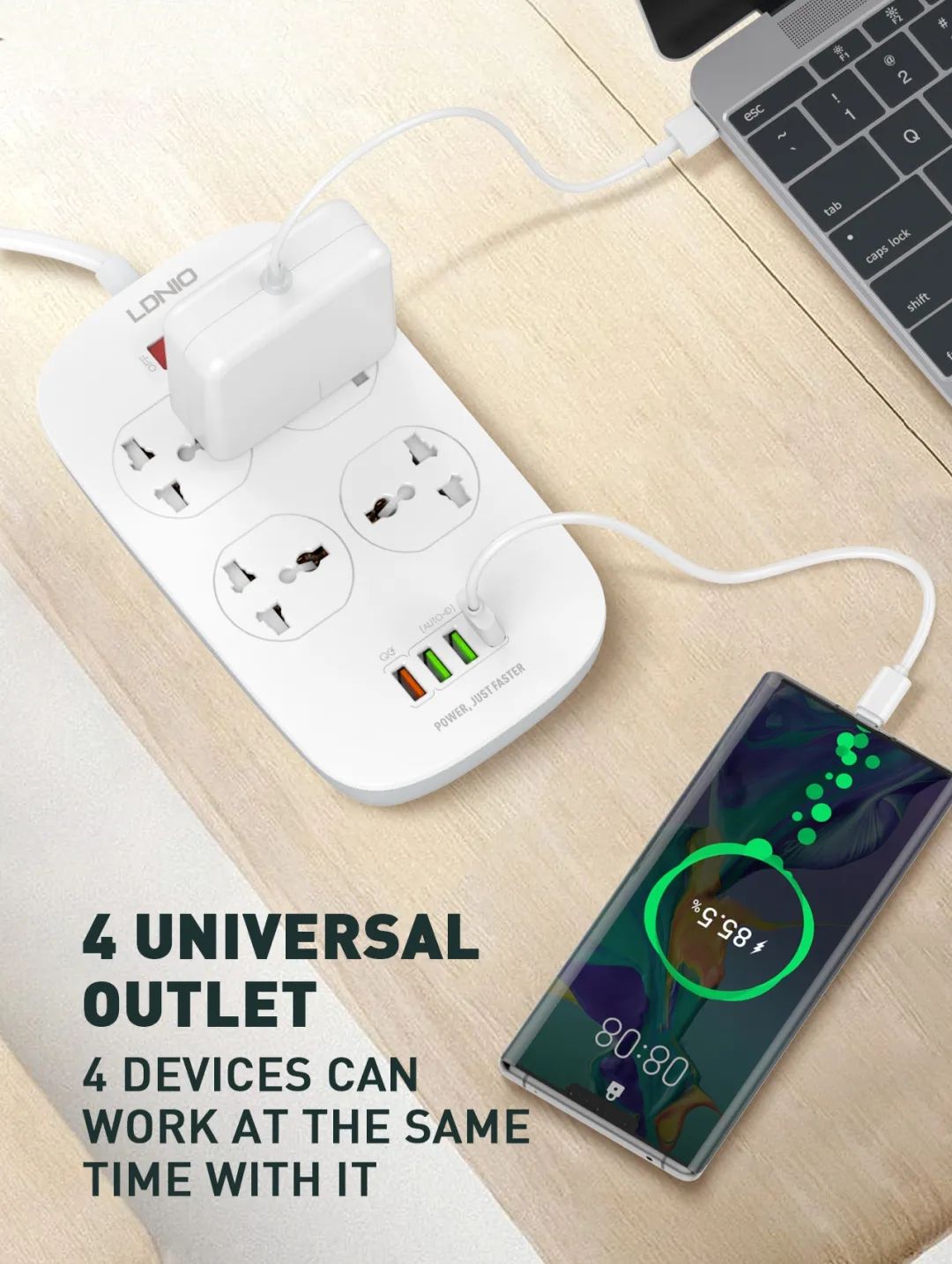 LDNIO-2500W-10A-Power-Strip-Socket-4-Universal-Outlets-4-USB-Ports-With-18W-QC30-Surge-Protector-66F-1710974