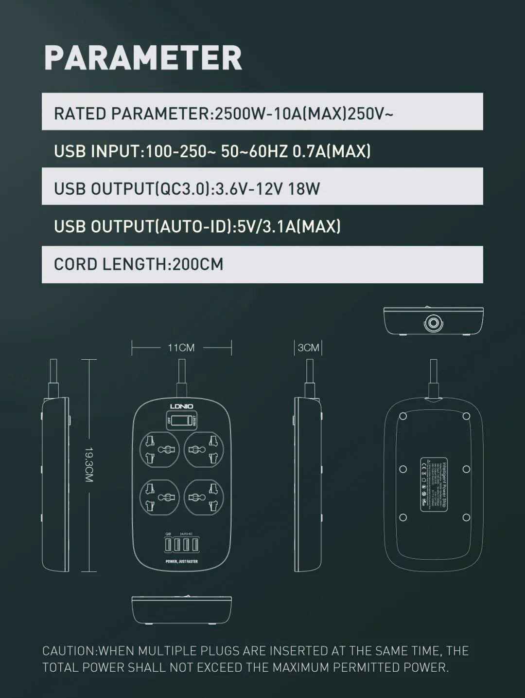 LDNIO-2500W-10A-Power-Strip-Socket-4-Universal-Outlets-4-USB-Ports-With-18W-QC30-Surge-Protector-66F-1710974