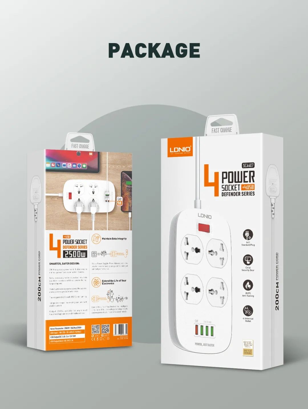 LDNIO-2500W-10A-Power-Strip-Socket-4-Universal-Outlets-4-USB-Ports-With-18W-QC30-Surge-Protector-66F-1710974