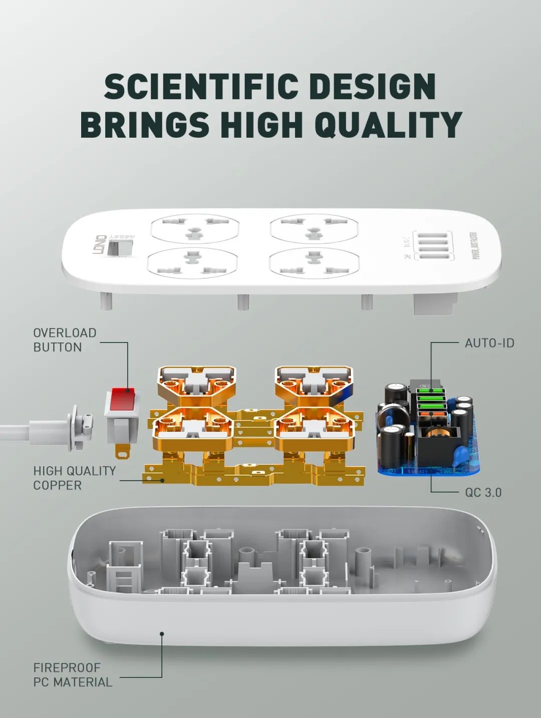 LDNIO-2500W-10A-Power-Strip-Socket-4-Universal-Outlets-4-USB-Ports-With-18W-QC30-Surge-Protector-66F-1710974