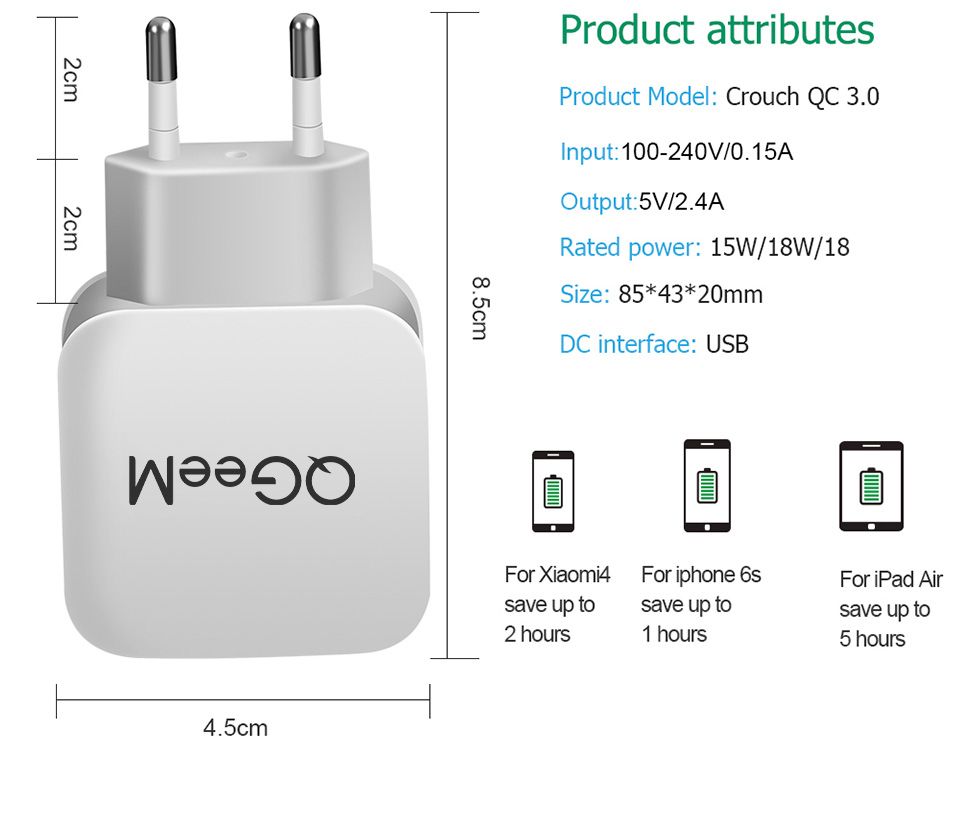 QGEEM-CR001-QC-30-USB-Travel-Wall-Charger-Adapter-LED-Indicator-Fast-Charging-For-iPhone-XS-11Pro-Hu-1727499