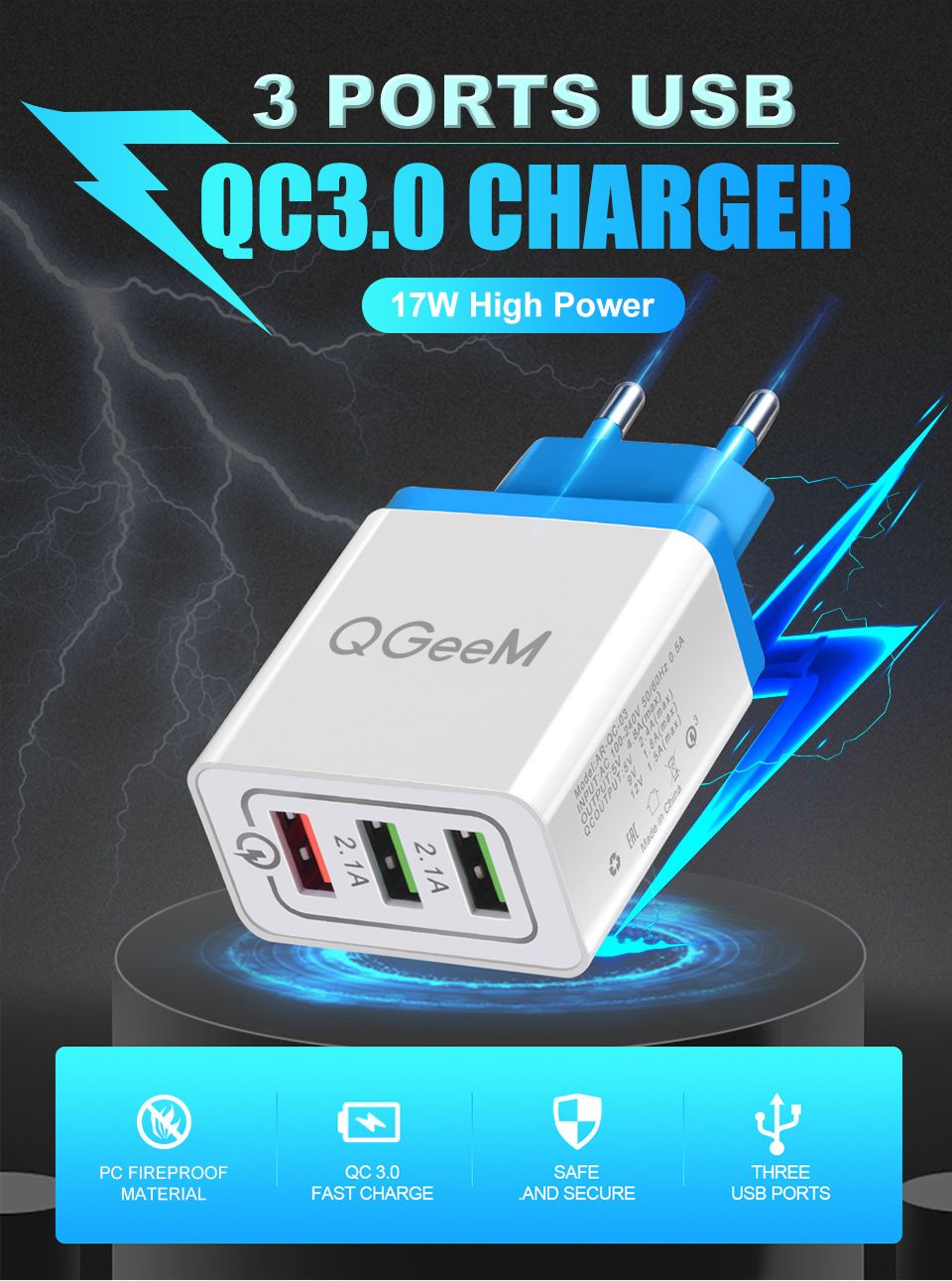 QGEEM-QG-CH04-27W-3-USB-Travel-Wall-Charger-Adapter-QC30-Fast-Charging-For-iPhone-XS-11Pro-Huawei-P3-1727541