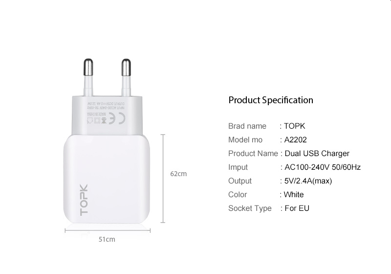 TOPK-12W-24A-Safety-Dual-USB-Wall-Charger-EU-Adapter-for-Nokia-X6-Mi-A2-Pocophone-F1-1370509