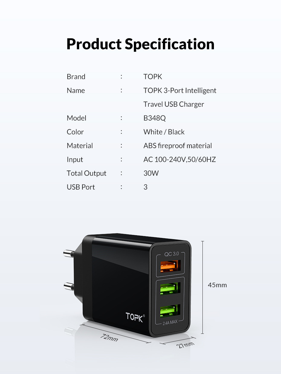 TOPK-30W-3-USB-Ports-Wall-Charger-EU-Adapter-For-iPhone-X-XS-HUAWEI-P30-Mate20-MI9-S10-S10-1536441