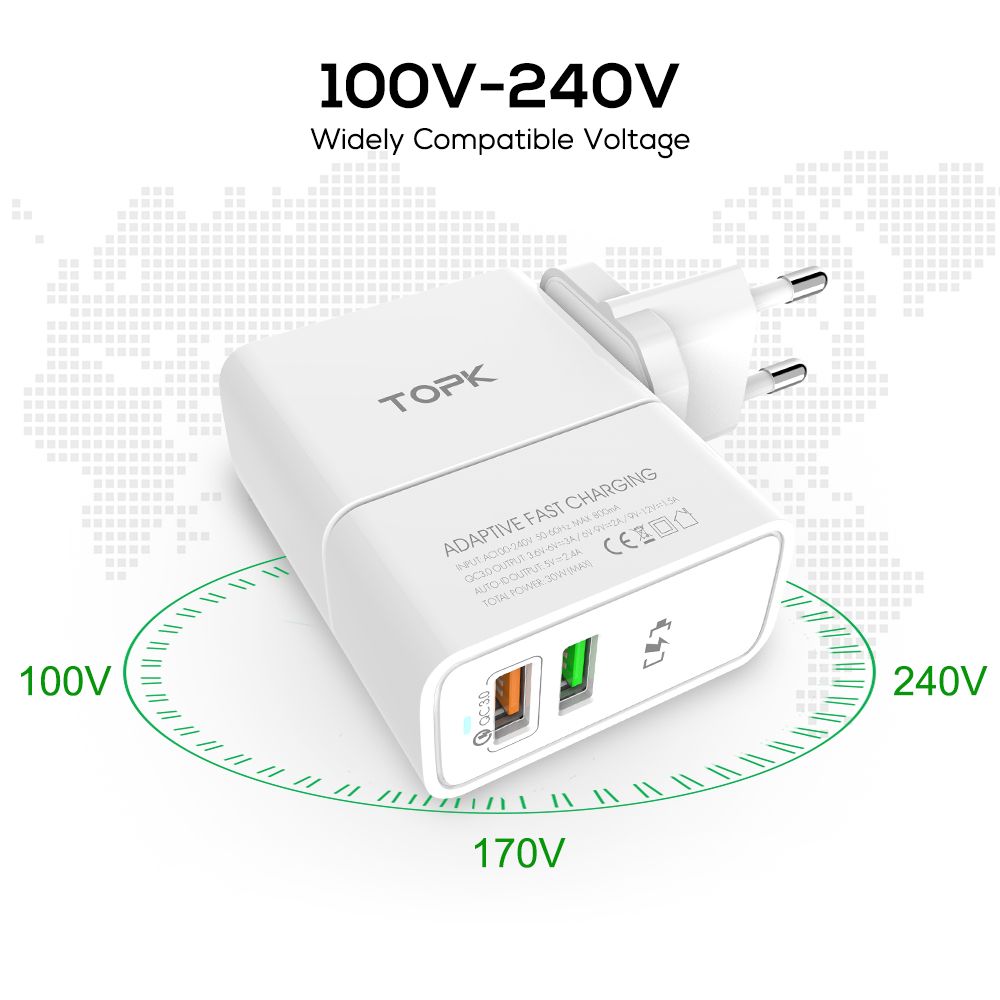 TOPK-QC30-30W-LED-Indicator-Dual-USB-Charger-EU-Adapter-for-Nokia-X6-Mi-A2-Pocophone-F1-1364819