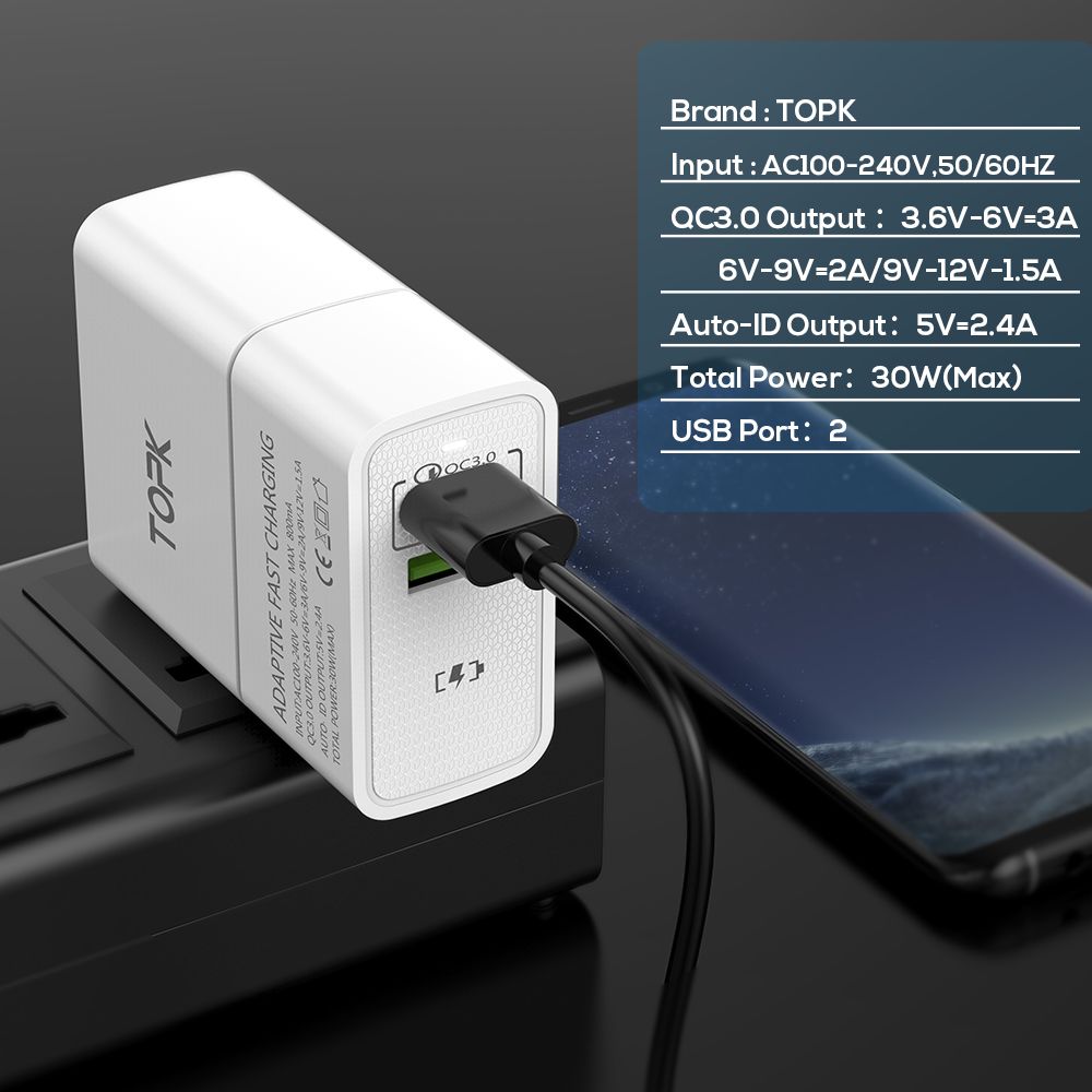 TOPK-QC30-30W-LED-Indicator-Dual-USB-Charger-EU-Adapter-for-Nokia-X6-Mi-A2-Pocophone-F1-1364819