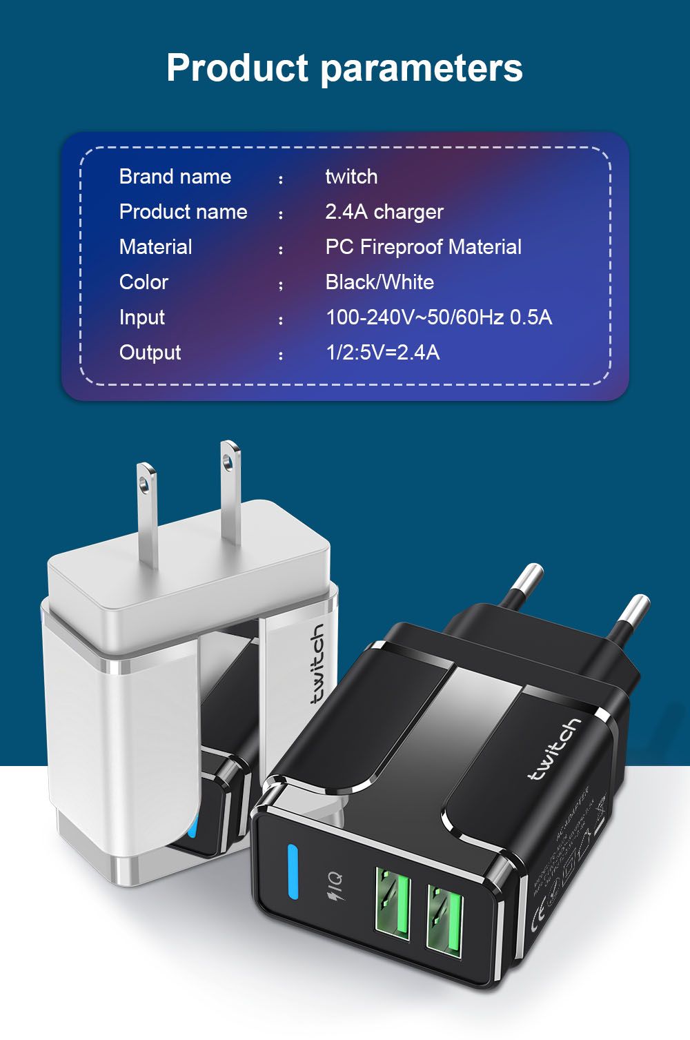 Twitch-LED-24A-Dual-USB-Output-Travel-USB-Charger-Wall-Charger-Adapter-EUUKUS-Plug-for-Samsung-S10-S-1643724