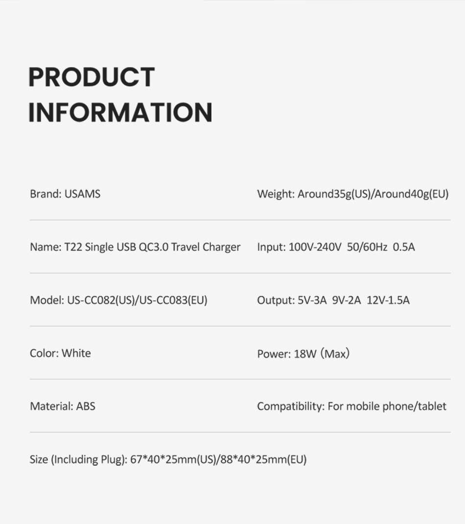 USAMS-18W-Quick-Charge-30-Fast-Charging-USB-Charger-For-iPhone-XS-XR-11-Pro-Huawei-P30-Pro-Mate-30-M-1582613