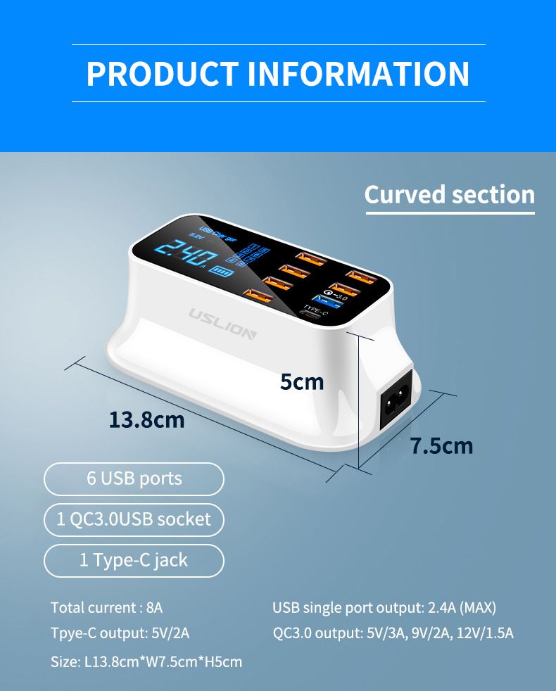 USLION-US-Plug-8-Port-USB-Charger-Docking-Station-18W-PD30-Power-Delivery-Type-C-Port-LED-Digital-Di-1700089