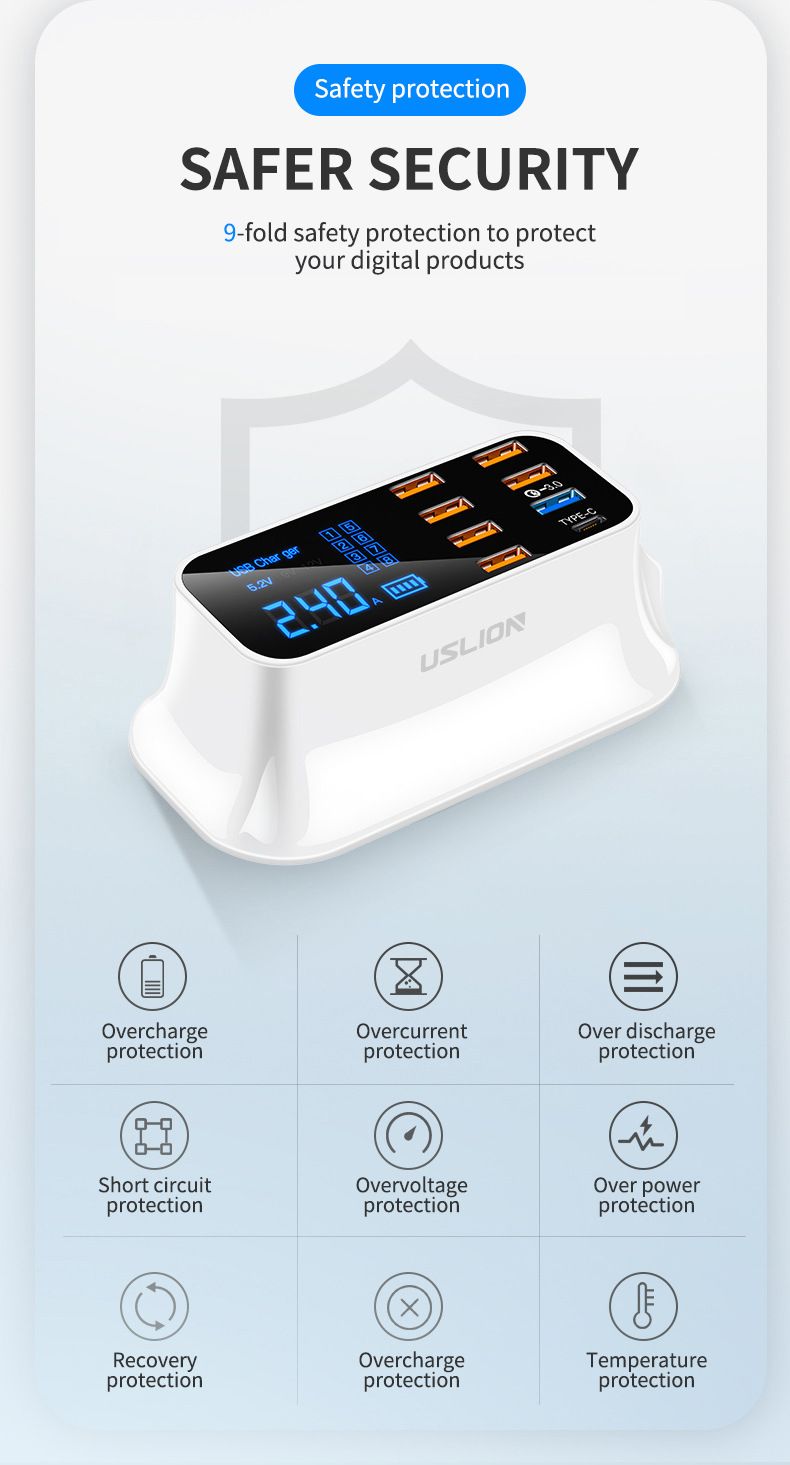 USLION-US-Plug-8-Port-USB-Charger-Docking-Station-18W-PD30-Power-Delivery-Type-C-Port-LED-Digital-Di-1700089