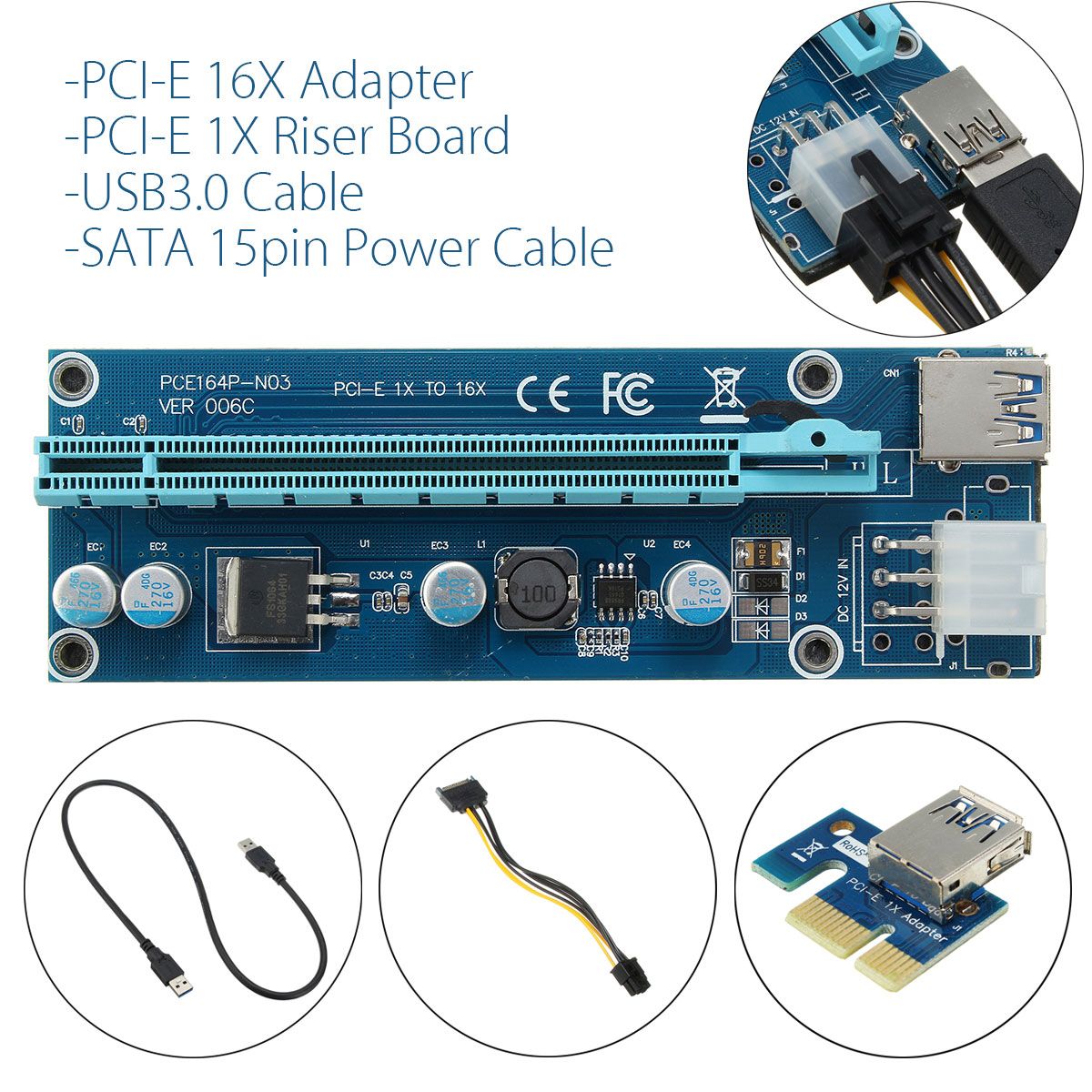 USB-30-PCI-E-Express-1x-To-16x-Extender-Riser-Card-Adapter-Power-Cable-Mining-1173209