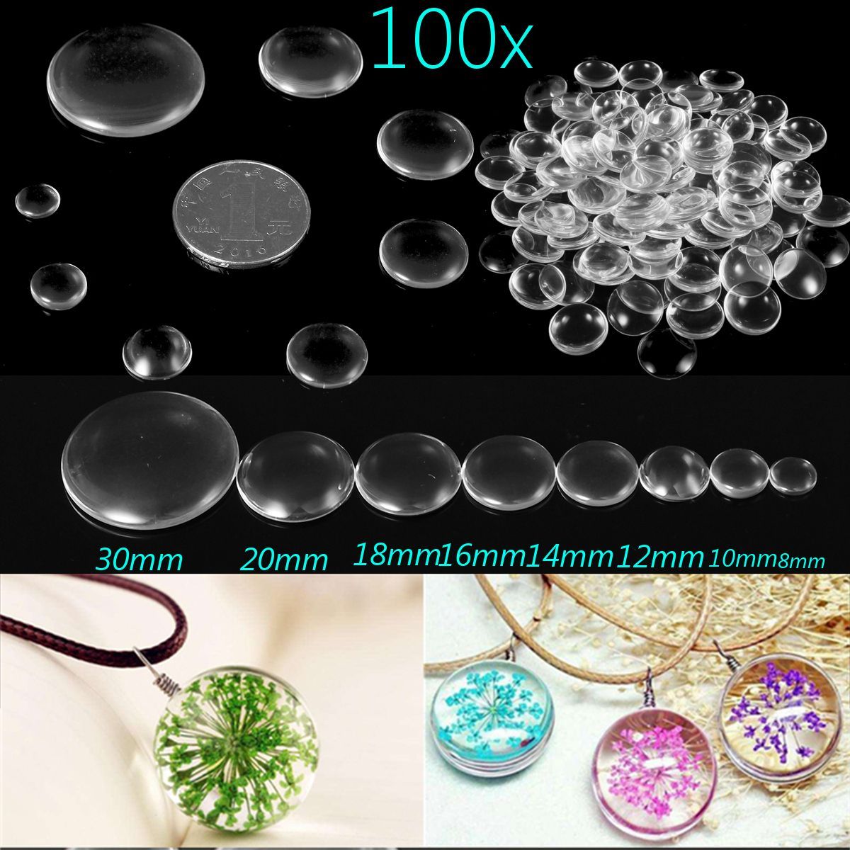 100Pcs-Round-Clear-Glass-Dome-Cabochon-Cameo-Flat-Back-Crystal-Magnify-Base-Cover-DIY-1229011