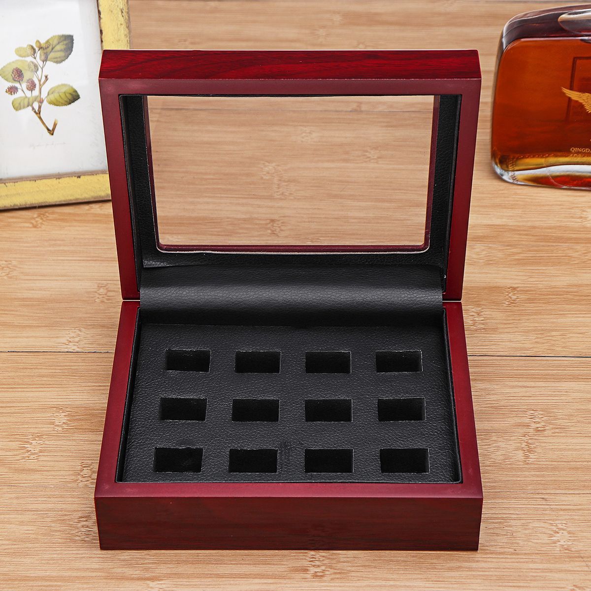 12-Holes-Wooden-Box-For-Championship-Ring-Collection-Display-Red-Black-1502285