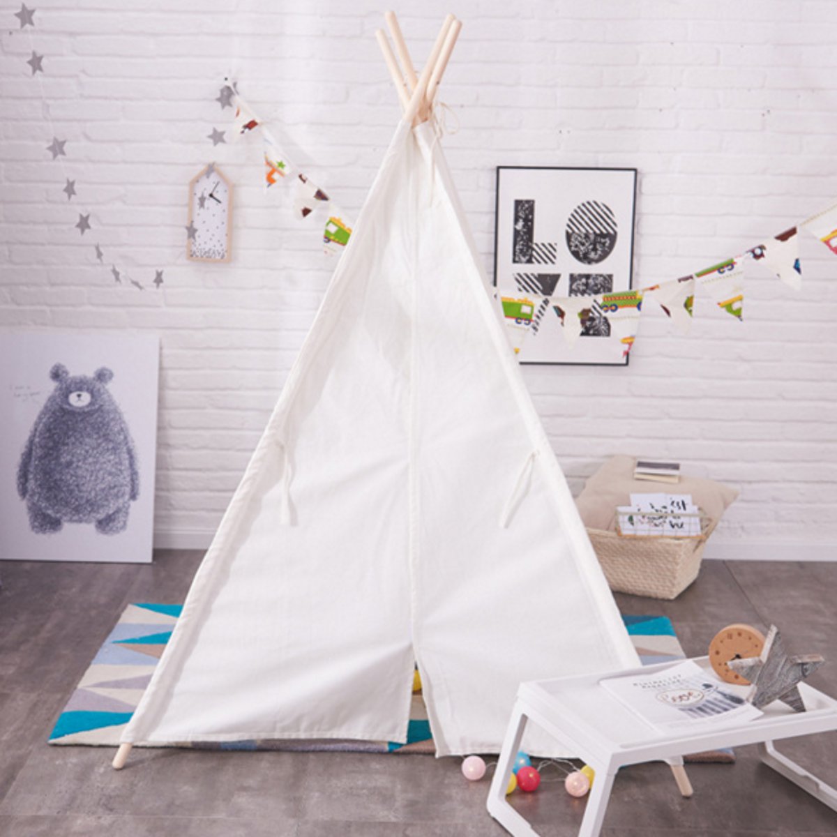 120x120x150cm-White-Canvas-Kids-Teepee-Children-Home-Game-Toy-Play-Tent-Cubby-1352995