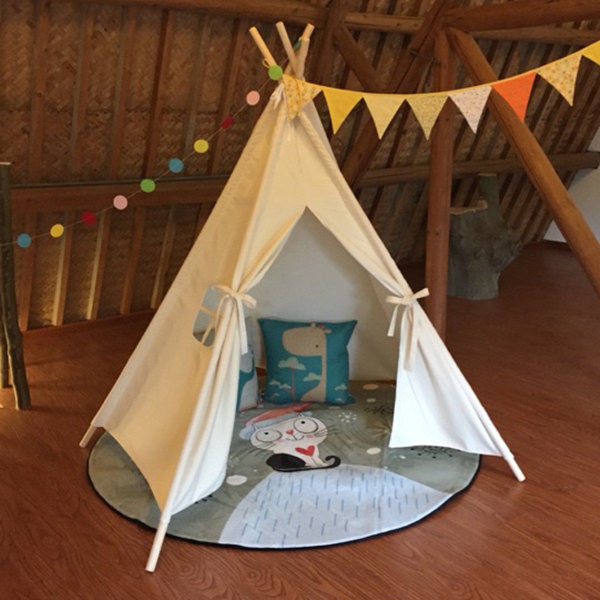 120x120x150cm-White-Canvas-Kids-Teepee-Children-Home-Game-Toy-Play-Tent-Cubby-1352995