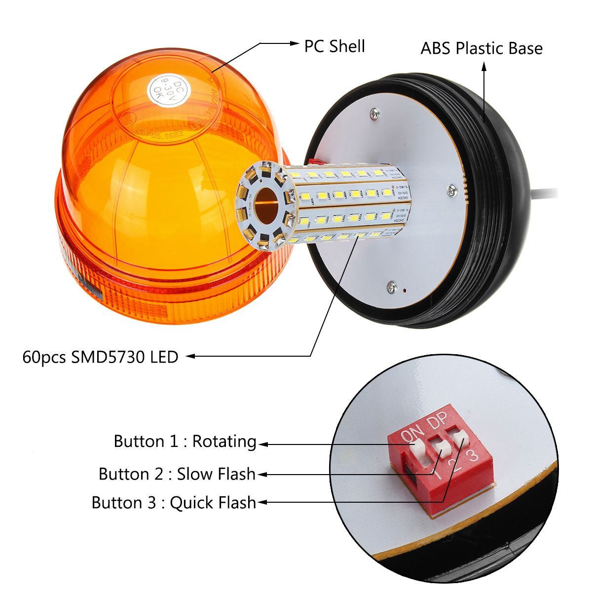 12V-24V-Single-Bolt-Point-Mount-60-LED-Flashing-Amber-Orange-Warning-Signal-Light-Tractor-Beacon-IP6-1564974